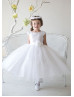 Cap Sleeves Satin Tulle Tea Length Flower Girl Dress With Flower Sash